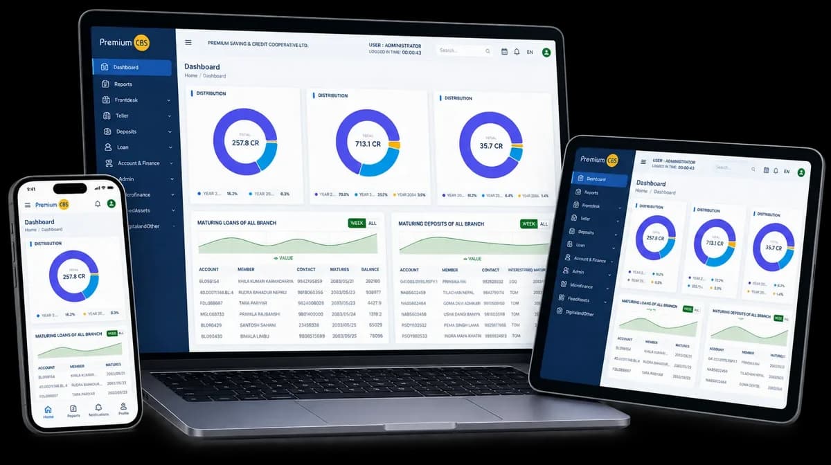 Premium CBS dashboard on a laptop, tablet, and phone
