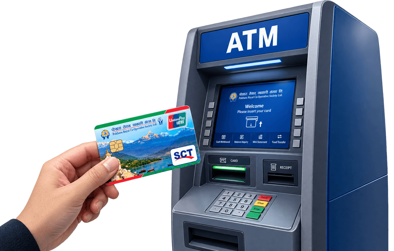 A member inserting an SCT chip card into an ATM