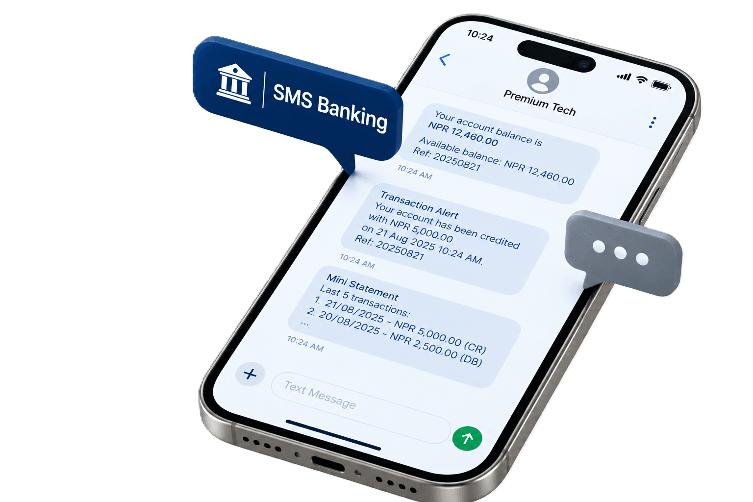 SMS Banking on a phone, showing balance, transaction alert, and mini statement messages